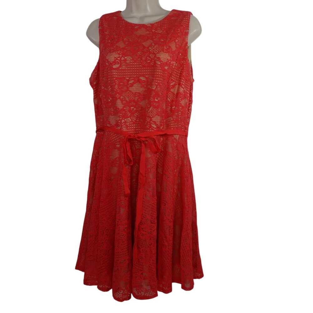 Danny and Nicole Coral Nude Lace Sleeveless Belted Dress Women Size 14 NEW